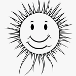 A simple, smiling sun line art with clean black outlines on a white background, perfect for coloring books and creative relaxation.