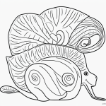 Black and white coloring book illustration of a snail crawling on a leaf, showcasing simple line art perfect for creative coloring enthusiasts.