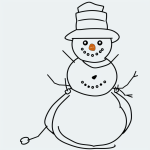 Simple black and white vector line art of a snowman wearing a hat and scarf, ideal for children's printable coloring pages with bold, clean outlines.
