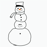 Simple black and white vector line art of a snowman with bold outlines, wearing a hat and scarf, perfect for children's printable coloring pages.
