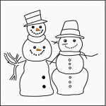 Simple black and white vector line art of a snowman with a hat and scarf, designed as a children's printable coloring page with bold clean outlines.