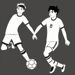 Black and white line art of a soccer player cartoon with simple outlines, ideal for a coloring book with blank fill areas and no shading.