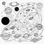 Simple outline of the solar system with planets in black and white line art, perfect for coloring books, featuring clean, uncolored designs on a white background.