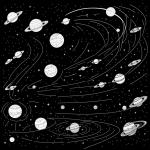 A black and white line art illustration of the solar system, featuring simple outlines of planets with no shading, designed for coloring.