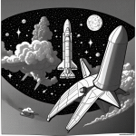 Space shuttle cartoon line art featuring simple outlines with blank fill areas, perfect for coloring books, showcasing a pure black and white design.