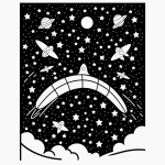 Black and white line art of a spaceship flying through stars, designed for coloring, featuring clean outlines and blank fill areas without shading.