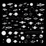 Black and white line art of spaceship and planets with clean outlines, inviting for coloring and creativity.