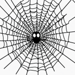 Black and white line art of a spider on a web, featuring simple and clean outlines with no shading, perfect for coloring book enthusiasts.