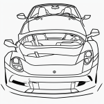 Black and white outline of a sports car cartoon with simple, clean lines, ideal for coloring enthusiasts looking for uncolored fill areas.