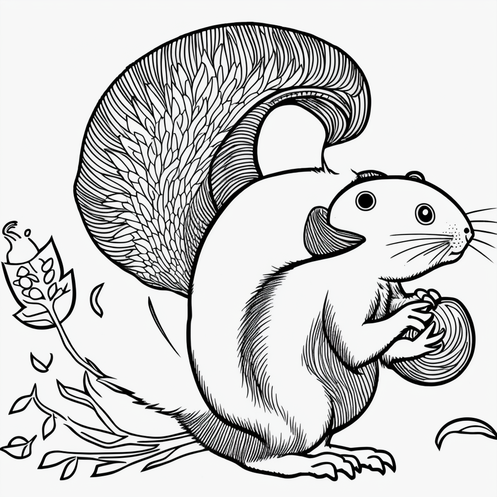 Squirrel Holding Acorn: Black & White Line Art Fun