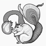 Black and white coloring book illustration of a squirrel holding an acorn, featuring simple line art with no shading or color.