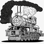 Black and white steam locomotive cartoon line art, featuring clean outlines and blank fill areas, designed for coloring book enthusiasts.