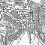 A simple, black and white subway train cartoon in line art style, featuring clean outlines ready for coloring, with no shading or gradients.