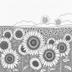 Simple black and white vector line art of a sunflower field with a smiling sun, featuring bold outlines and a flat white background, ideal for coloring.