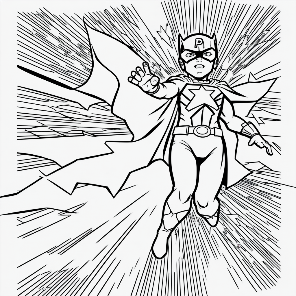 Superhero Kid Flying: Fun Coloring Book Line Art