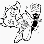 Outline of a superhero kid flying with cape, in black and white line art style, ideal for coloring books, featuring clean outlines and blank fill areas.