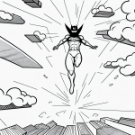 Simple black and white vector line art of a superhero flying through the sky, perfect for children's printable coloring pages with bold outlines and minimal composition.