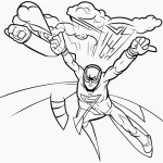 A simple black and white vector line art of a superhero flying through the sky, designed as a children's printable coloring page with bold, clean outlines.