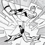 Simple black and white vector line art of a superhero flying through the sky with bold outlines, ideal for children's printable coloring pages.