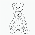 A simple black and white vector line art of a toy teddy bear sitting with bold clean outlines, designed as a children's printable coloring page.