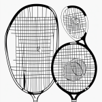 Black and white line art of a tennis racket and ball with clean outlines, perfect for coloring books, featuring a simple, uncolored design.