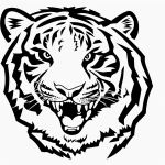 A simple black and white line art of a tiger cartoon with clean outlines, designed in a coloring book style, featuring uncolored areas and no gradients or shading.