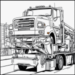 Black and white line art of a tow truck towing a car, designed for coloring books with simple outlines and blank fill areas, no shading or gradients.