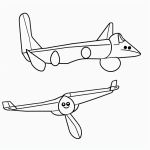 Simple black and white vector line art of a toy airplane with a smiling face, perfect for children's printable coloring pages.