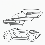 Black and white vector line art of a toy car racing on a track, featuring bold clean outlines and no fill, designed as a children's printable coloring page.