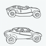 Black and white vector line art of a toy car racing on a track, featuring bold, clean outlines and a flat white background, ideal for children's coloring pages.