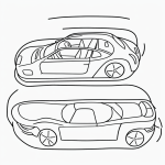 Simple black and white vector line art of a toy car racing on a track with bold clean outlines for a children's printable coloring page.