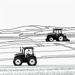 Simple black and white vector line art of a tractor on a farm field designed for children's coloring activities.