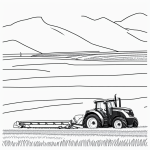 Simple black and white vector line art of a tractor plowing a field, designed as a children's printable coloring page with bold clean outlines.