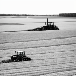 Cartoon line art of a tractor plowing a field, perfect for coloring with simple outlines and blank fill areas, no shading or gradients, on a white background.