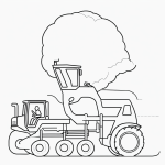 Black and white vector line art of a tractor plowing a field, designed as a children's printable coloring page with bold, clean outlines.