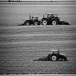 Line art of a tractor plowing a field, featuring simple black and white outlines ideal for coloring, with clear, blank spaces and no shading.