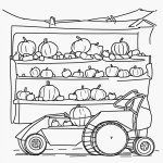 A simple black and white vector line art of a tractor pulling a wagon full of pumpkins, designed as a children's printable coloring page.