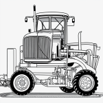 Black and white line art of a tractor pulling a wagon, featuring simple outlines and uncolored areas for coloring book enthusiasts.