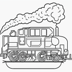 Simple black and white vector line art of a train engine with smoke, featuring bold outlines and a flat white background, ideal for children's coloring pages.