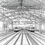 Black and white line art of a train with passenger cars featuring clean outlines on a white background, ideal for coloring book enthusiasts.