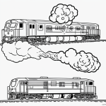 Line art of a train with smoke puffs, featuring simple outlines and a clean, uncolored style. Perfect for coloring book enthusiasts exploring creative designs.