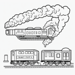 A black and white line art of a train with smoke puffs, featuring clean outlines and blank areas, perfect for coloring books with no shading or gradients.