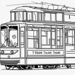 Black and white line art of a tram and streetcar, featuring simple outlines suitable for a coloring book. The image is uncolored with clean, bold outlines.