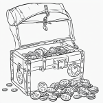 Simple black and white vector line art of a treasure chest filled with coins and jewels, featuring bold clean outlines on a flat white background, perfect for kids' coloring.