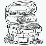 Simple black and white vector line art of a treasure chest full of coins and jewels, featuring bold clean outlines, perfect for a children's printable coloring page.