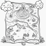 A simple black and white treasure map cartoon outline, featuring clean lines and blank fill areas, ideal for coloring book enthusiasts.