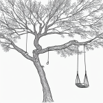 A black and white line art drawing of a tree with a swing, featuring simple and clean outlines, perfect for coloring book enthusiasts.