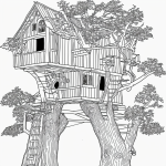 Black and white line art of a treehouse with a rope ladder, featuring clean outlines and blank fill areas ideal for coloring enthusiasts.