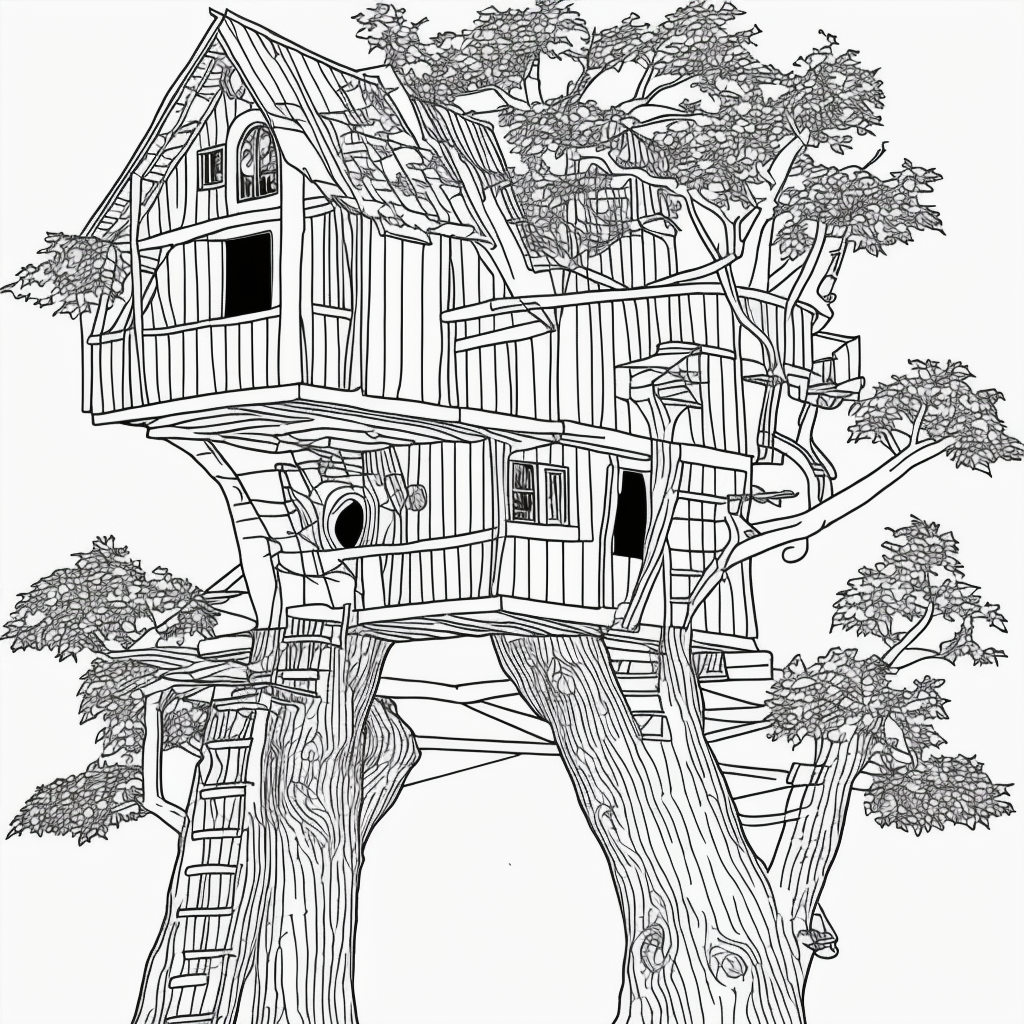 Explore Treehouse Line Art for Coloring Fun