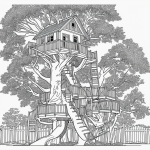 A black and white line art of a treehouse with a rope ladder, featuring clean outlines and blank fill areas, ideal for coloring book enthusiasts.